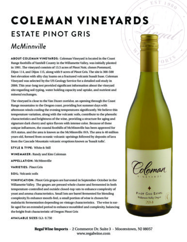Coleman Vineyards Estate Pinot Gris Regal Wine Imports